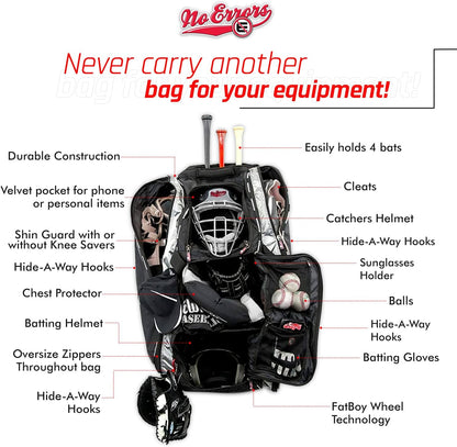 No Errors NO E2 Wheeled Catchers Gear Bag - Large Baseball and Softball Bag for Catcher’S Equipment with Fatboy Wheels